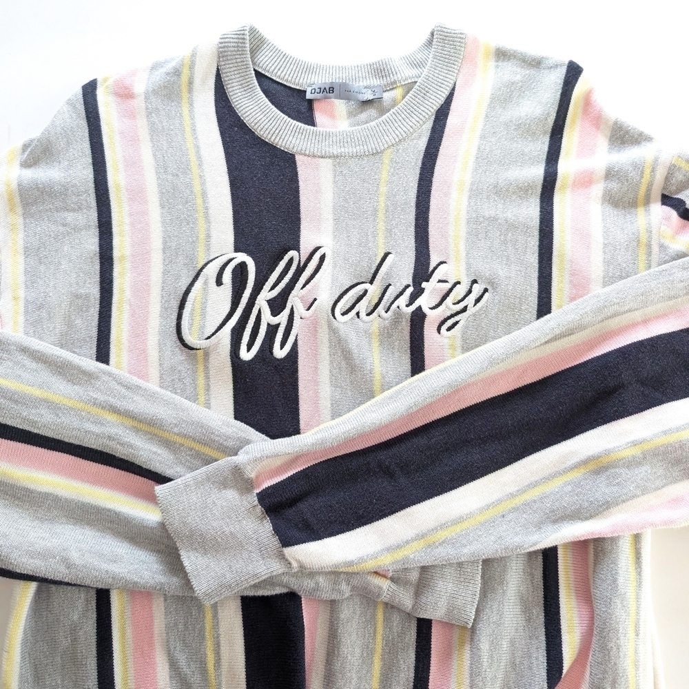 Djab By Simons Striped Knit Sweater with 'Off Duty' Embroidery ~ Size Medium